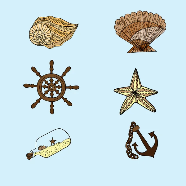 Set de mar. Conchas de mar, estrellas de mar, timón, ancla, botella de arena — Vector de stock