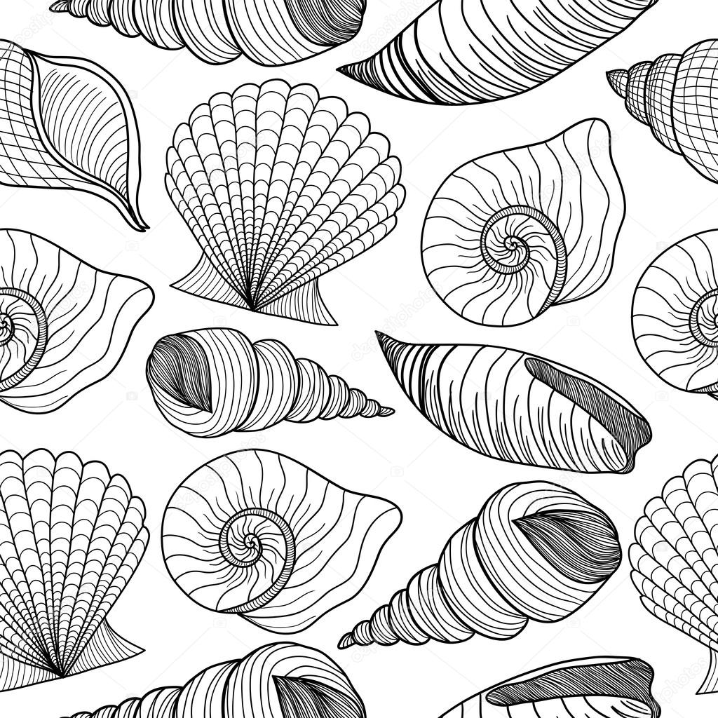 Seamless black and white pattern with seashells