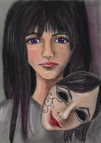 Üzgün kız ve gülümseyen bir maske. Pastel resimde.