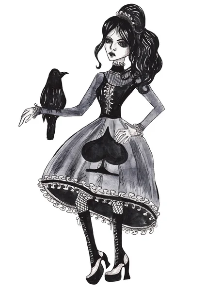 Gothic girl with a crow. Watercolor illustration on white isolated background — Stock Photo, Image