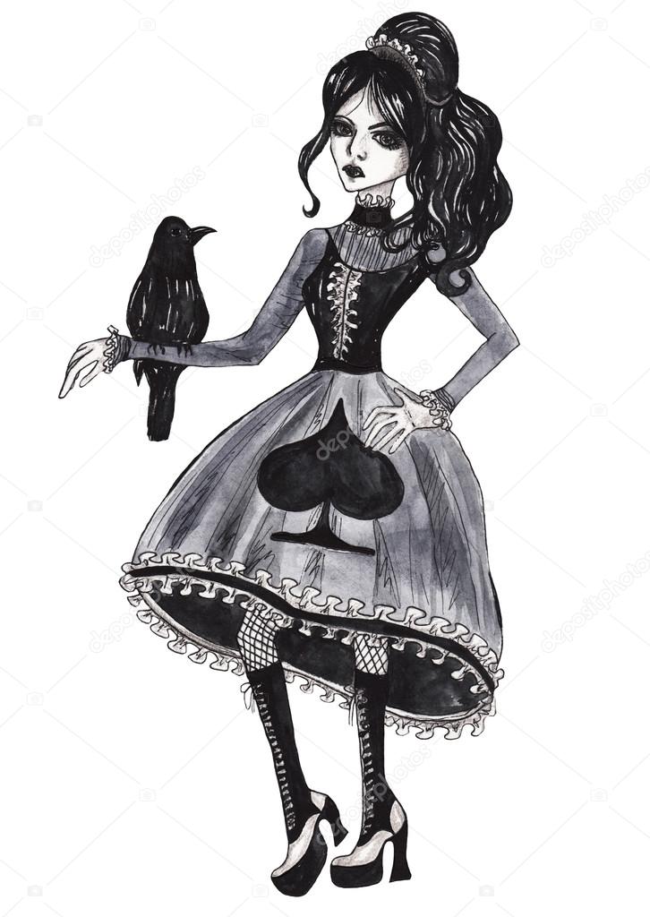 Gothic girl with a crow. Watercolor illustration on white isolated background