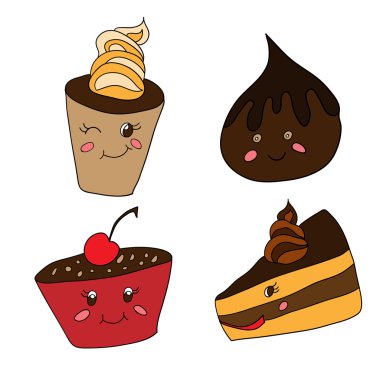 Beyaz arka plan üzerinde komik tatlılar. Çocuk oyuncağı, kiraz kek, şeker