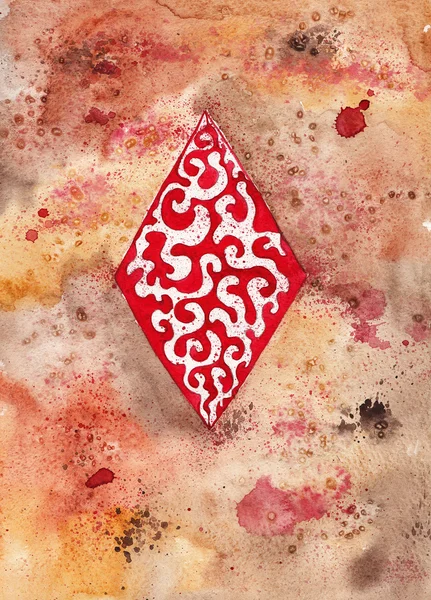 Simbol ornamental dari bermain kartu berlian di latar cat air — Stok Foto