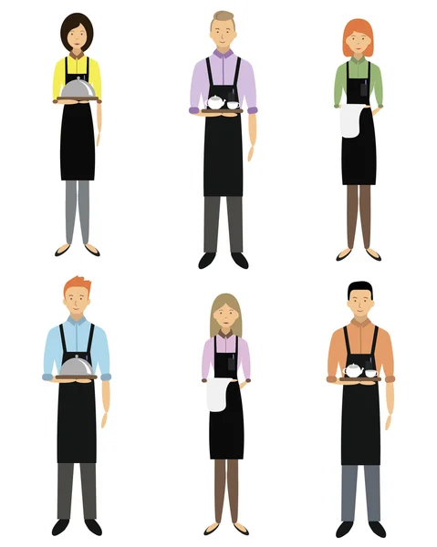 Ensemble vectoriel de serveurs, filles et hommes avec des plateaux sur les mains . — Image vectorielle