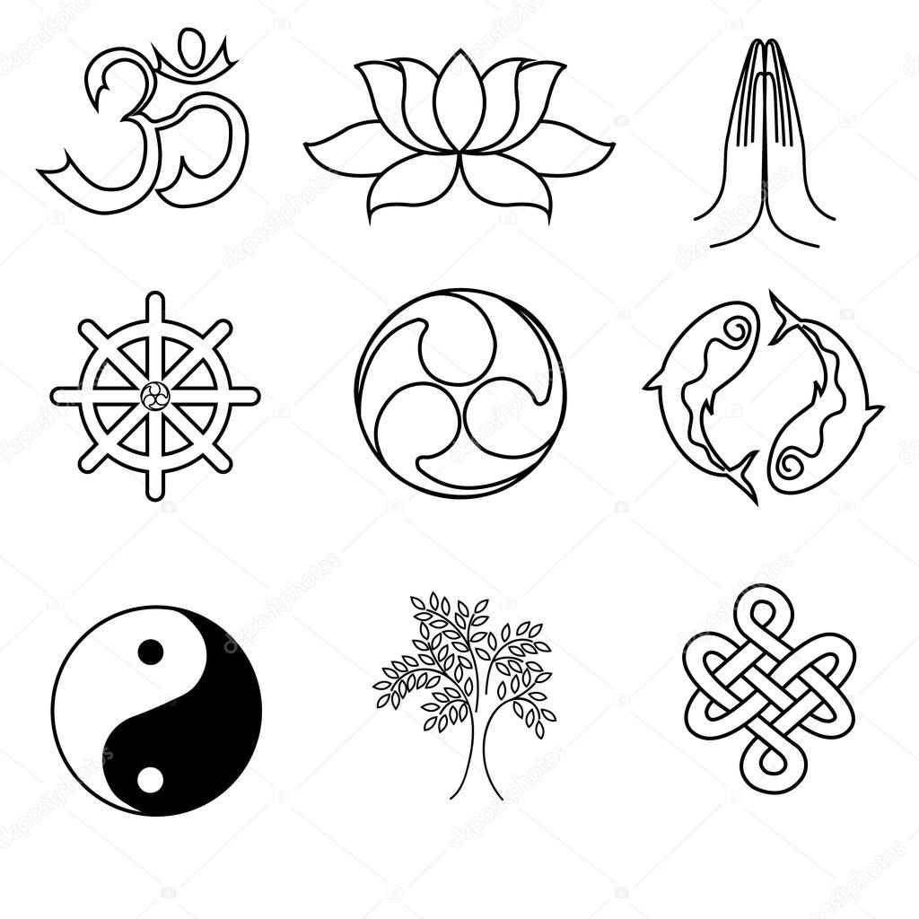 A set of religion symbols - Buddhism. Black silhouettes isolated on white background