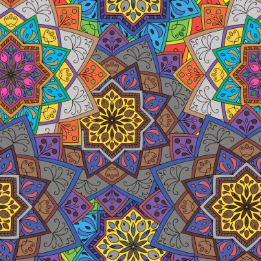 Dikişsiz yuvarlak desen baskı kumaş ya da kağıt almak için. Elle çizilmiş arka plan. Renkli Hint süsleme. Vektör çizim. Tasarımınız için öğeleri.