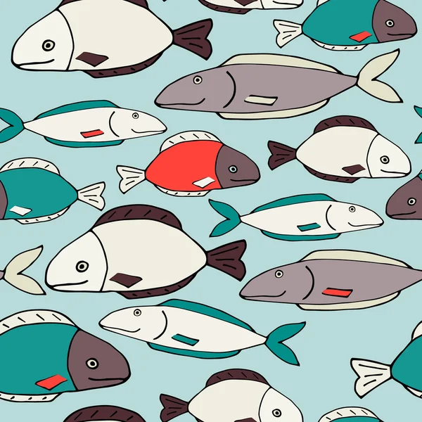 Dekoratif el komik balık ile çizilmiş desen. Kesintisiz deniz arka plan. Kumaş doku — Stok Vektör