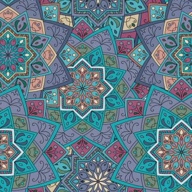 Dikişsiz yuvarlak desen baskı kumaş ya da kağıt almak için. Elle çizilmiş arka plan. Renkli Hint süsleme. Vektör çizim. Tasarımınız için öğeleri.  