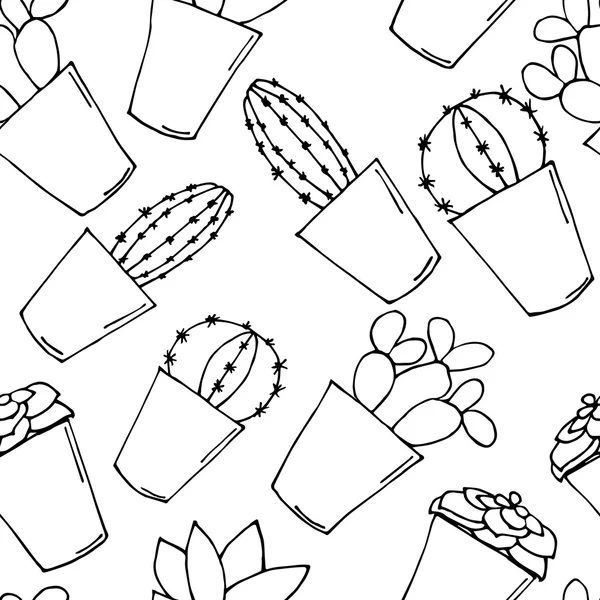 Pola mulus dengan tangan ditarik kaktus dalam pot bunga. Ilustrasi vektor - Stok Vektor