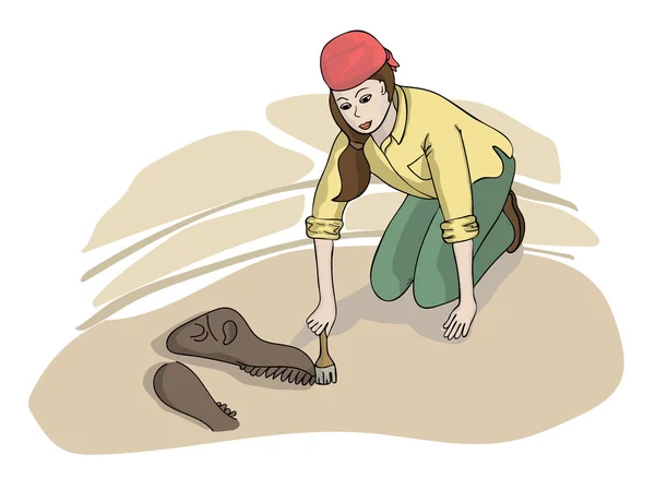 Meisje archeoloog ontdekken fossiele. Cartoon illustratie — Stockvector