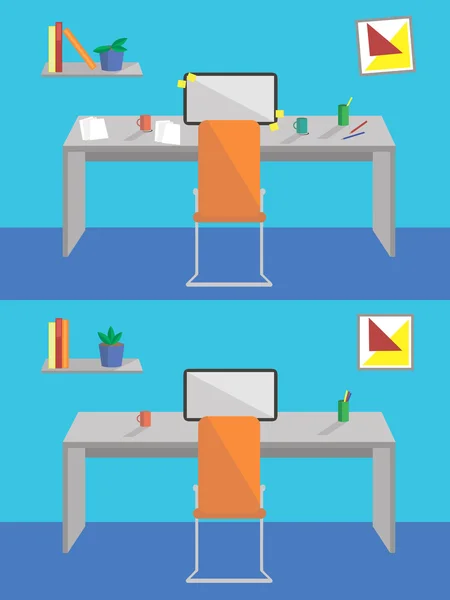 Interior de diseño plano antes y después de la limpieza. Concepto de lugar de trabajo con computadora, computadora portátil, estante, libros y taza de café sobre fondo de pared azul — Archivo Imágenes Vectoriales