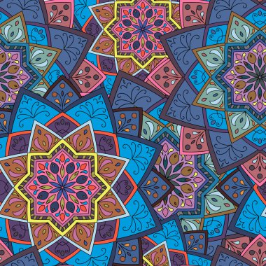 Dikişsiz yuvarlak desen baskı kumaş ya da kağıt almak için. Elle çizilmiş arka plan. Renkli Hint süsleme. Vektör çizim. Tasarımınız için öğeleri.  