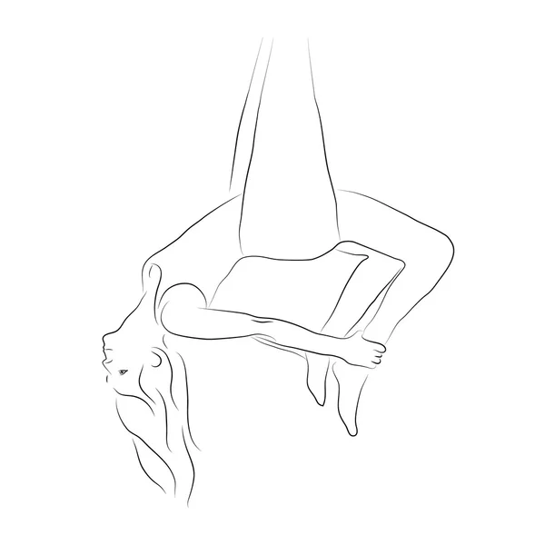 Aerial yoga. Ung kvinna gör anti gravitation yoga övning. Träning med hängmatta. Vektor illustration. — Stock vektor
