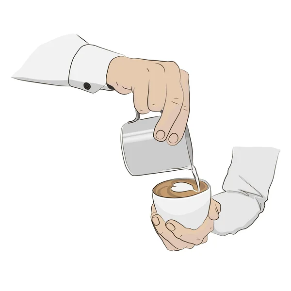 Barista fincan tutun ve sütlü latte veya kapuçino sanat kahvesi yapmak. Vektör çizimi
