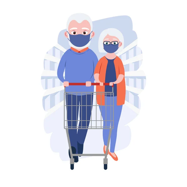 Old Women Men Medical Masks Shopping Cart Grocery Store Supermarket — Stock Vector