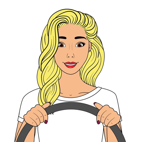 Jolie Fille Heureuse Conduisant Une Voiture Une Conductrice Illustration Vectorielle — Image vectorielle