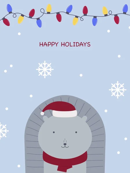 Postcard Happy Holidays Cute Hedgehog Hat Scarf Snowflakes Background Vector — Stock Vector