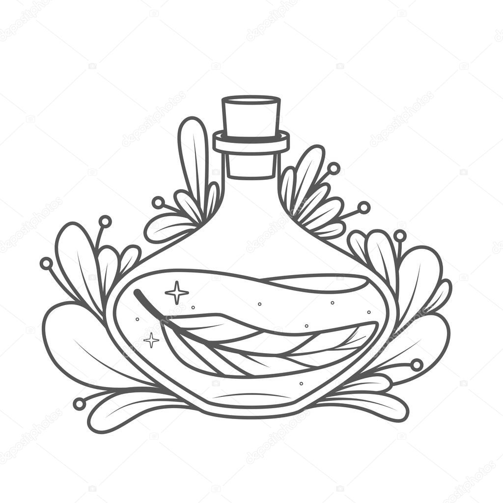 A magical bottle with plants around and a feather inside - coloring book page. Vector illustration