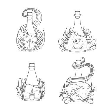 Sihirli Şişe Koleksiyonu - Boyama kitabı sayfası. Vektör illüstrasyonu