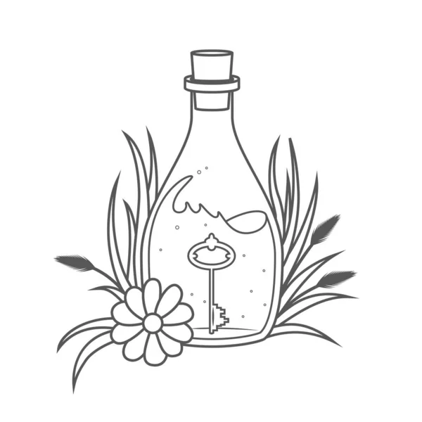 Una Botella Mágica Con Plantas Alrededor Una Llave Interior Página — Vector de stock