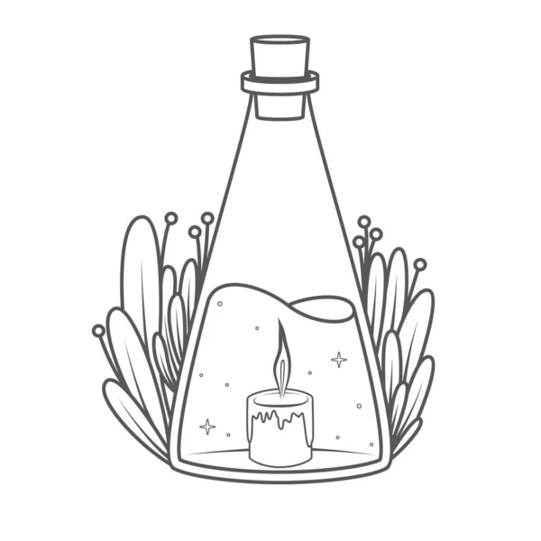 植物のいる魔法のボトルと内部のアマニタ 着色本のページ ベクターイラスト — ストックベクタ