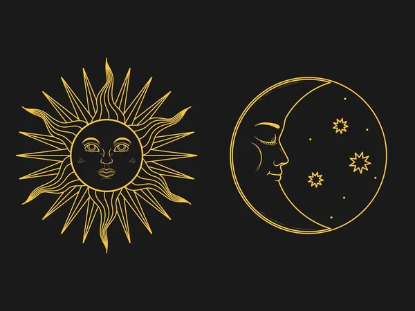 Les Symboles Mystiques Lune Soleil Avec Des Visages Dans Style — Image vectorielle