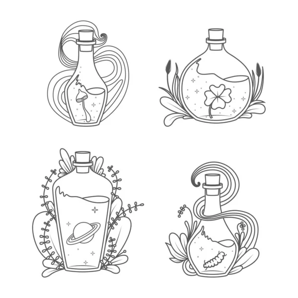 Magic Bottles Collectie Kleurplaten Pagina Vectorillustratie — Stockvector