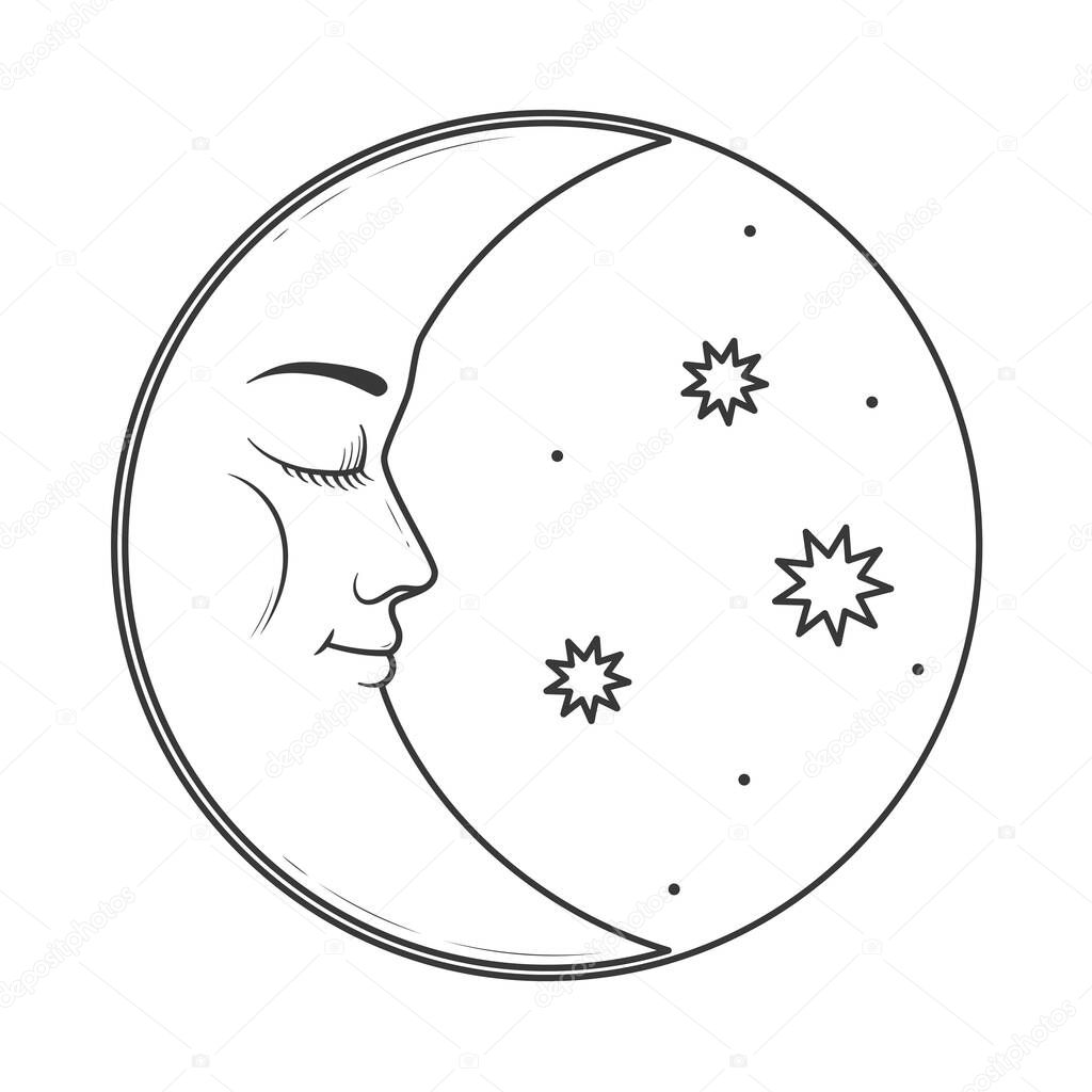 Moon with face - retro style illustration isolated on white background. Vector illustration