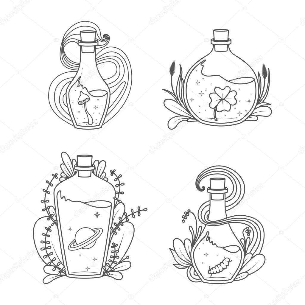 Magic Bottles collection - Coloring book page. Vector illustration