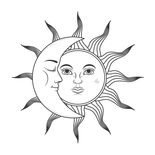 Simbolo Mistico Luna Sole Con Facce Stile Retrò Illustrazione Vettoriale — Vettoriale Stock