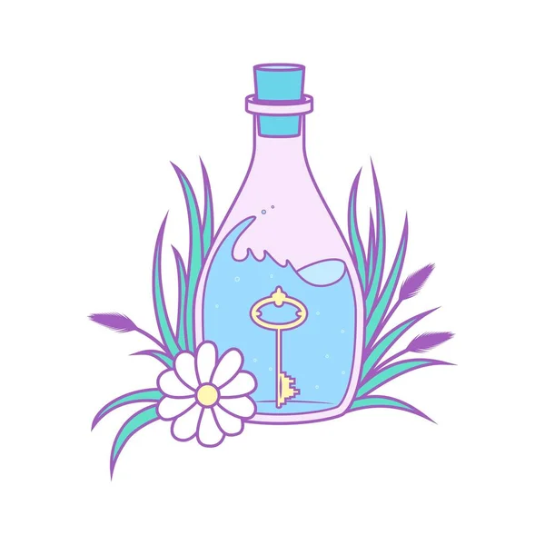 Волшебная Бутылка Растениями Ключом Внутри Векторная Иллюстрация — стоковый вектор