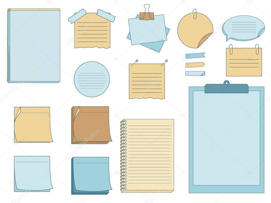 Collection of papers for memo - notepads, stickers, notebooks isolated on white background. Vector illustration