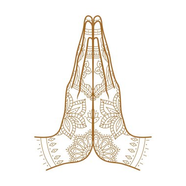 Mudra Namaste. Süslü eller hoş geldin jesti olarak katlandı. Mehendi, vücudunda kına süsü var. Vektör illüstrasyonu