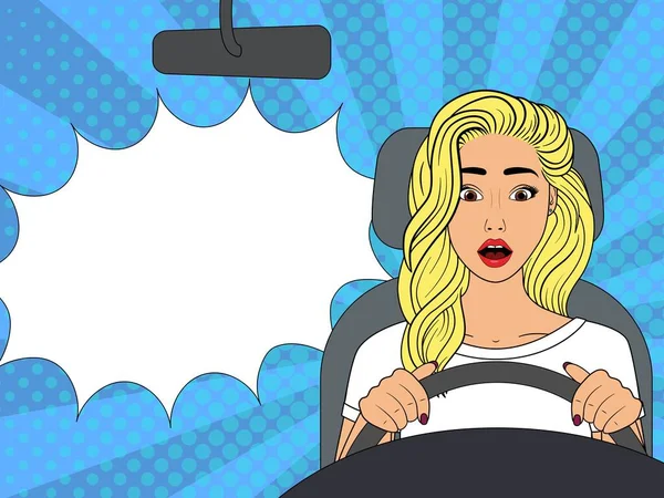 Una Chica Sorprendida Conduciendo Coche Ilustración Vectorial Estilo Pop Art — Vector de stock