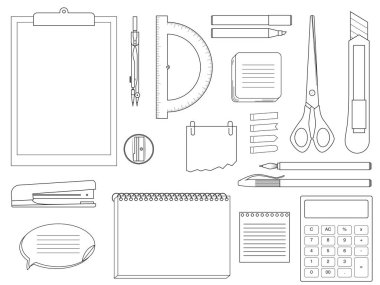 Kırtasiye malzemeleri koleksiyonu, çıkartmalar, defterler. Beyaz arkaplanda izole edilmiş araçlar. Vektör illüstrasyonu