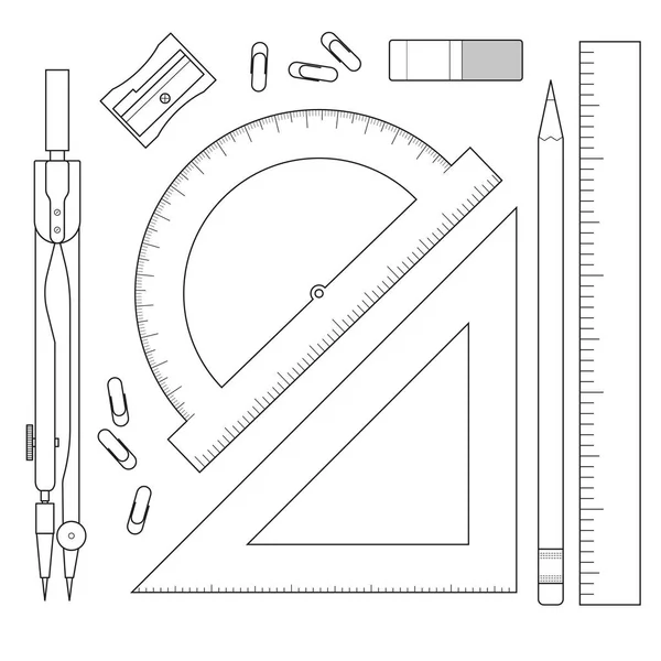 Eine Reihe Von Messgeräten Winkelmesser Zirkel Lineal Sammlung Von Briefpapier — Stockvektor