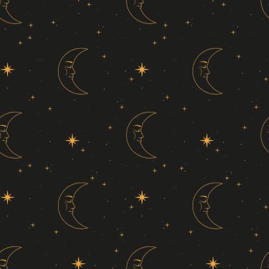 Ay ve yıldızların retro tarzında kusursuz bir desen. Vektör illüstrasyonu