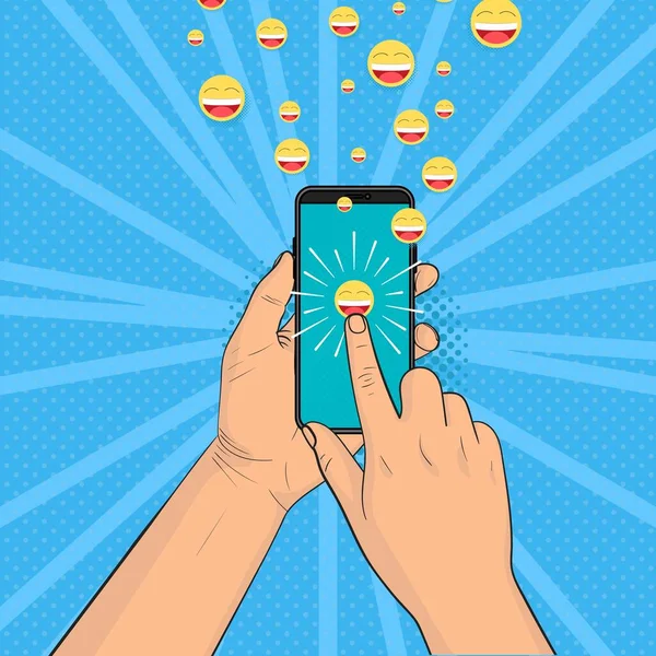 Manda Emoji Ridenti Mani Stanno Tenendo Uno Smartphone Comunicazione Online — Vettoriale Stock