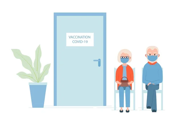 Elderly Man Woman Queuing Covid Vaccine Vector Illustration — Stock Vector