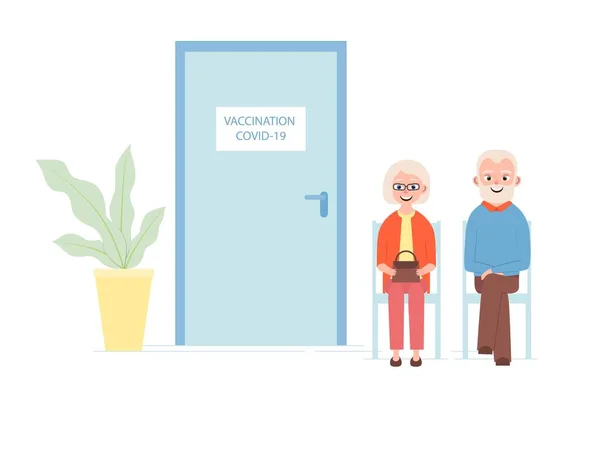 Elderly Man Woman Queuing Covid Vaccine Vector Illustration — Stock Vector