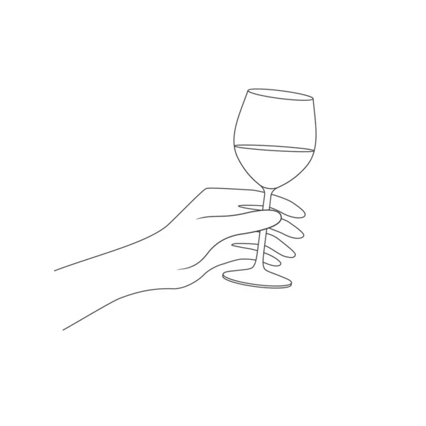 Mano Tiene Bicchiere Vino Illustrazione Vettoriale Lineare Isolata Sfondo Bianco — Vettoriale Stock