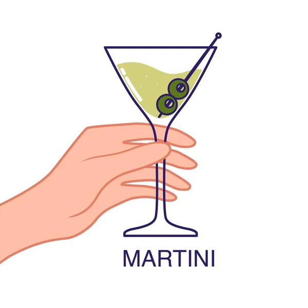 Main Tient Verre Martini Avec Olive Illustration Vectorielle Isolée Sur — Image vectorielle