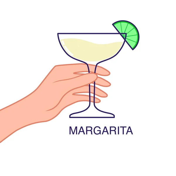 Ręka Trzyma Szklankę Margarity Limonką Ilustracja Wektora Izolowana Białym Tle — Wektor stockowy