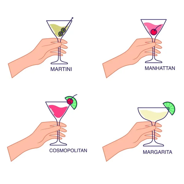 Mão Mantém Copo Coleção Coquetéis Martini Manhattan Cosmopolita Margarita Ilustração —  Vetores de Stock