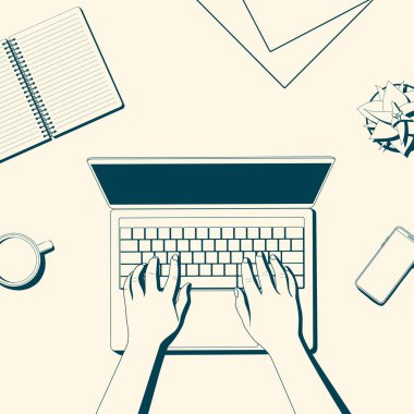 Bilgisayarın üst görüntüsünde çalışıyor. Ofis işyeri. Vektör illüstrasyonu