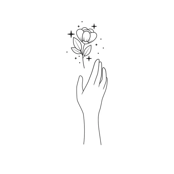 Toucher Une Fleur Main Illustration Vectorielle Minimaliste Dans Style Boho — Image vectorielle