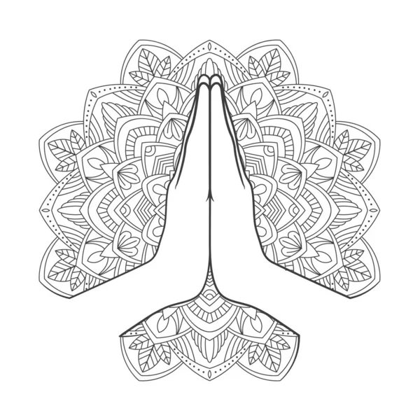 Mudra Namaste Sur Fond Mandala Salutation Religieuse Orientale Illustration Vectorielle — Image vectorielle