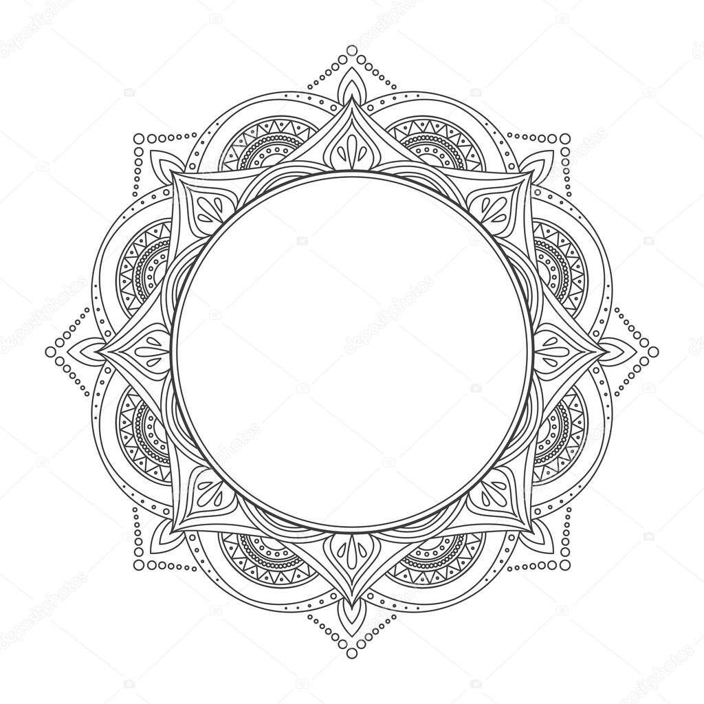 Ornate frame isolated on white background. Round floral ornament. Design for label, photo album,  greeting card or wedding invitation. Vector illustration