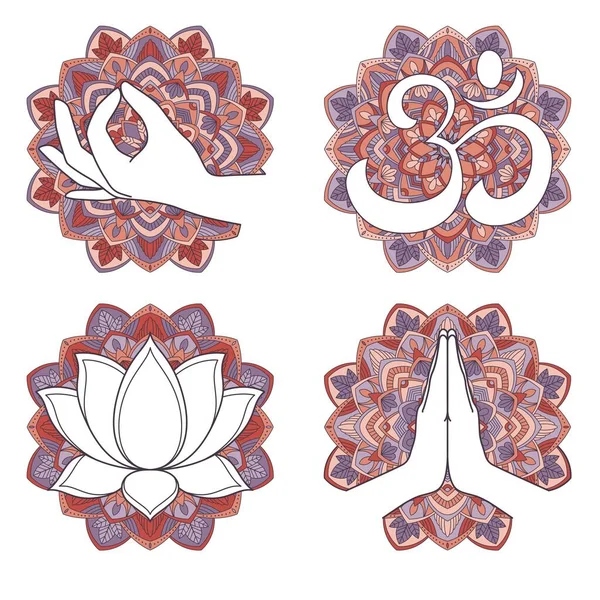 華やかな背景に仏教のシンボルのコレクション ハスの花 Aum Gyan泥 ベクターイラスト — ストックベクタ