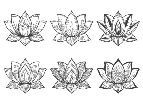 Samling Sacred Lotus Blomma Dekorativ Prydnad För Målarbok Vektorillustration — Stock vektor